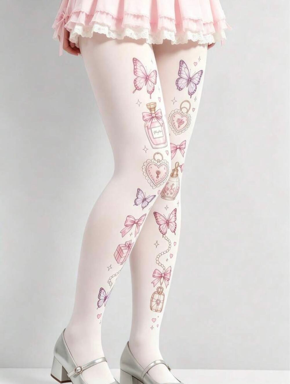 NWT White & Pink Butterfly Heart Perfume Gift Bow Tights